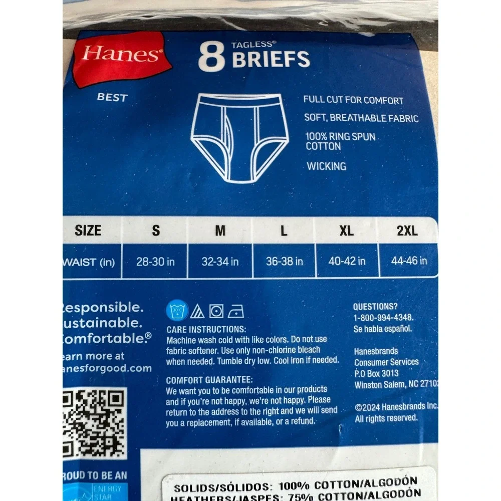 Hanes Men's Large 8 Pack Tagless Cotton Briefs Cool Comfort Moisture Wicking NWT